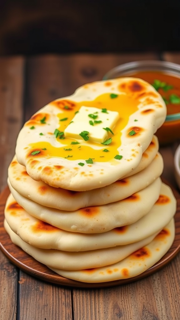 Warm garlic naan bread stacked with butter and cilantro on a rustic table next to a bowl of curry.